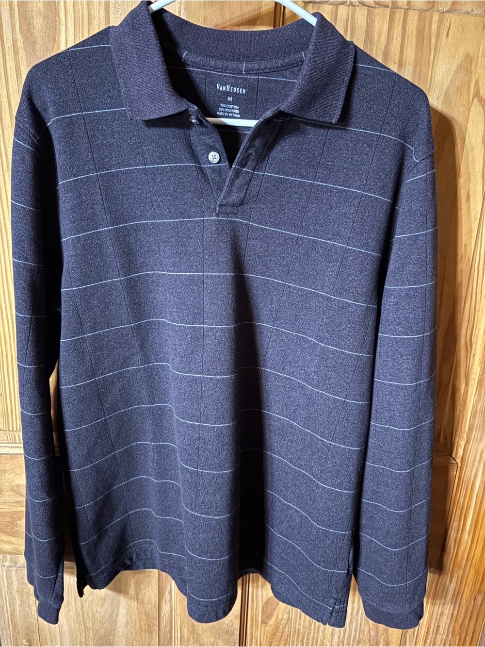 Van Heusen Men's Long Sleeve Polo in Dark Charcoal with Thin Light Stripe